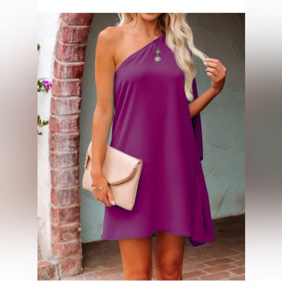 Magenta Women's One Shoulder Draped Dress - Picture 3 of 3